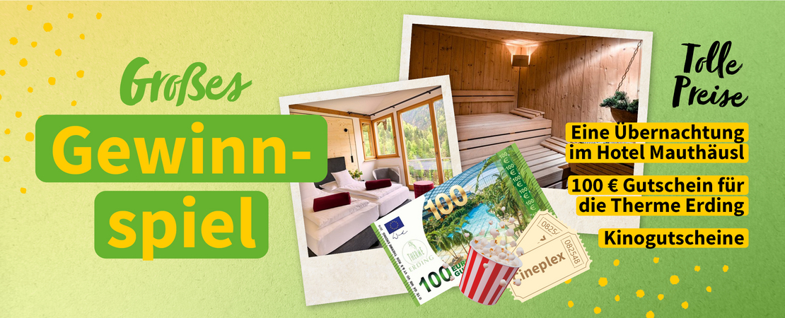 Raiffeisen-Waren - 1x Übernachtung im Doppelzimmer-Standard mit Bergblick inkl. Halbpension für 2 Personen im Gasthof Hotel Mauthäusl, 1x 100 € Gutschein für die Therme Erding,1x 2 Kinogutscheine fürs Cineplex