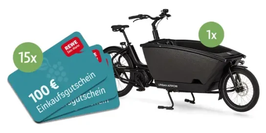 REWE - 1 E-Lastenrad oder 1 von 15 REWE Gutscheinen im Wert von jeweils 100 Euro.