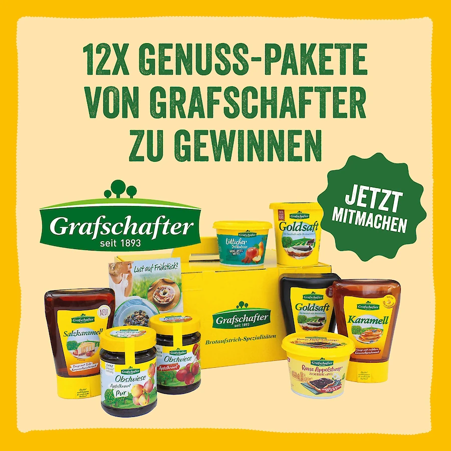 Rezepte mit Herz - 12 Grafschafter Genuss-Pakete, Inhalt: eine köstliche Produktauswahl aus dem beliebten Goldsaft-Sortiment