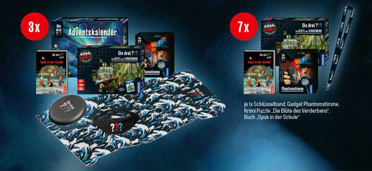 ROFU - 1 von 10 großen "Die drei ???"-Fanpakete! Inhalt ua. Badetuch, Frisbee, Adventskalender 2025, Schlüsselband