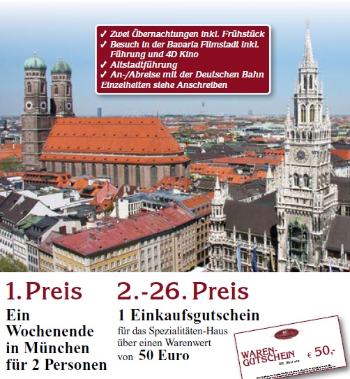Spezialitäten Haus - 1x Ein Wochenende für 2 Personen in München, 25x 50 € Einkaufsgutschein für das Spezialitäten-Haus