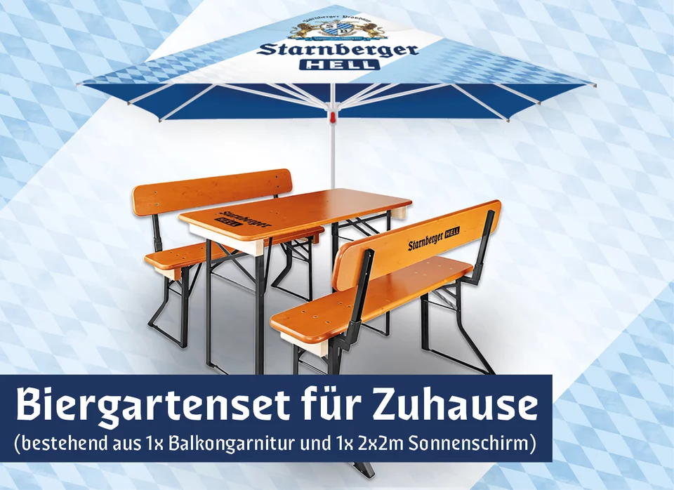 Starnberger Brauhaus - Biergartenset für zuhause mit Sonnenschirm und Balkon-Biertischgarnitur