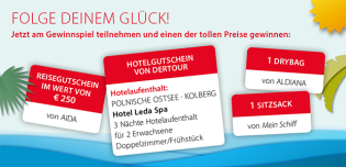 Weilimdorfer Reisebüro - DerTour Gutschein 3ÜF 2 pers. polnische Ostsee Kolberg, MeinSchiff Sitzsack, Aldiana Drybag, 250€ Aida Gutschein