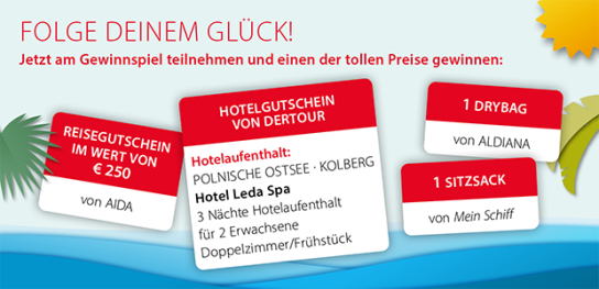 Weilimdorfer Reisebüro - DerTour Gutschein 3ÜF 2 pers. polnische Ostsee Kolberg, MeinSchiff Sitzsack, Aldiana Drybag, 250€ Aida Gutschein