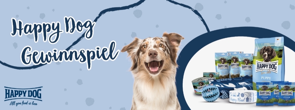 zookauf - Eines von drei Happy Dog Young Paketen. bestehend aus Trocken- und Nassnahrung,  Snacks, Keramiknapf, Snackball und Kuscheldecke