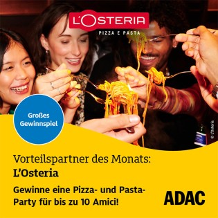 ADAC Nordrhein - L'Osteria: Pizza-/Pasta-Party für 10 Amici in einem Restaurant nach Wahl (3-Gänge-Sharing-Menü + Getränkeauswahl)