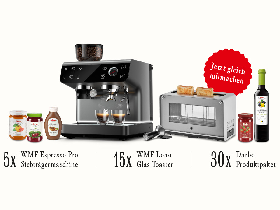 Adolf Darbo - 5x WMF Espresso Pro Siebträgermaschine, 15x WMF Lono Glas-Toaster, 30x Darbo Produktpaket