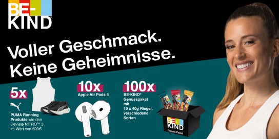 BE-KIND - 5 x PUMA Gutschein im Wert von 500€, 10 x Apple Gutschein im Wert von 150€,100 x BE-KIND Genuss-Pakete