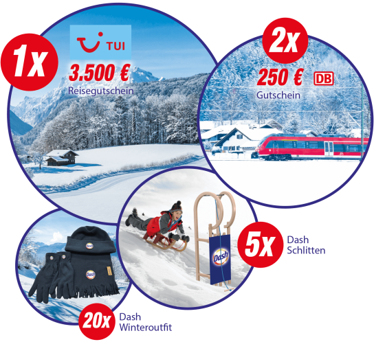 Dash - 1x 3500€ für TUI, 2 x 250€ für die DB, 5x Dash Schlitten, 20x Dash Winteroutfit