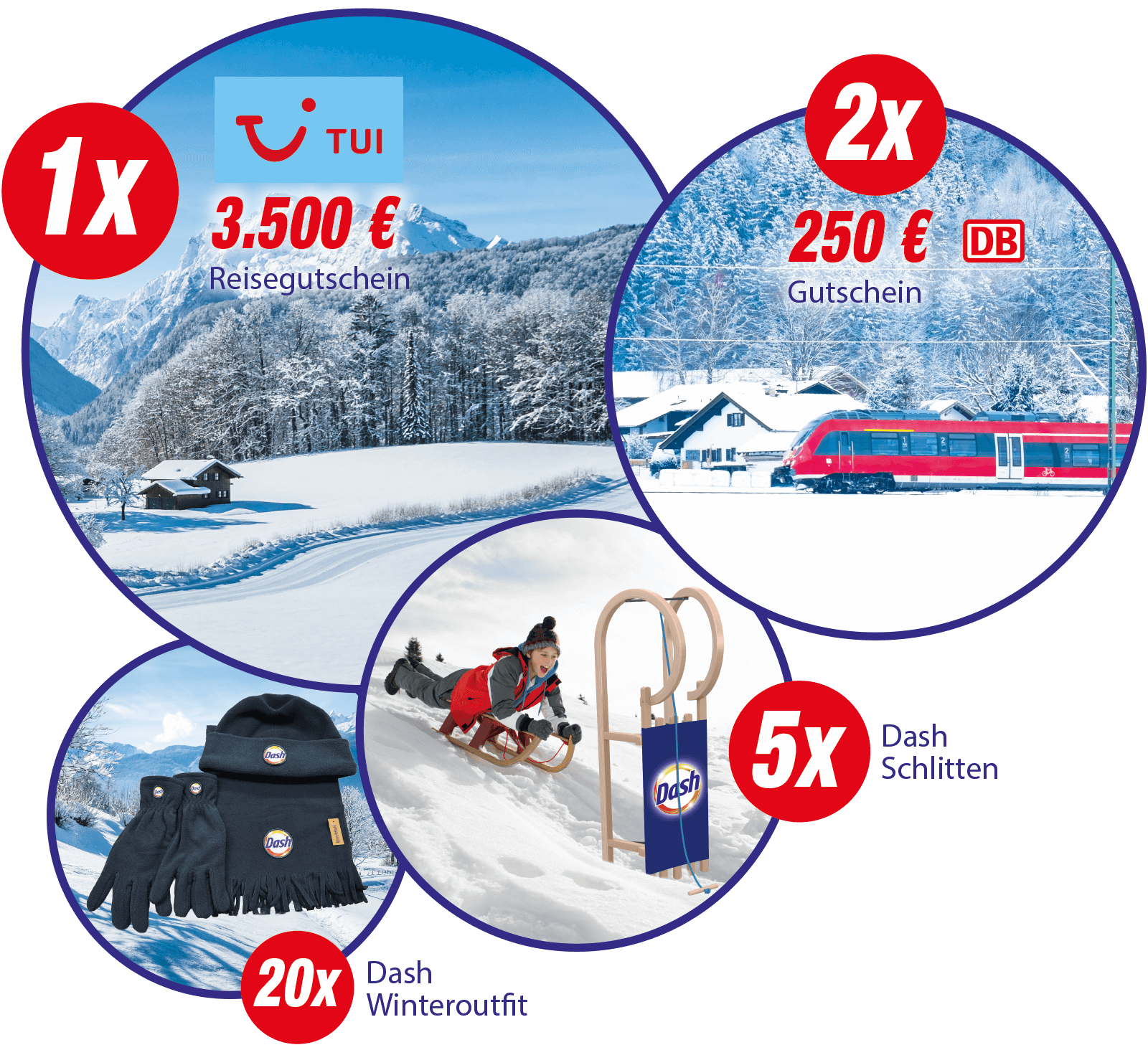 Dash - 1x 3500€ für TUI, 2 x 250€ für die DB, 5x Dash Schlitten, 20x Dash Winteroutfit