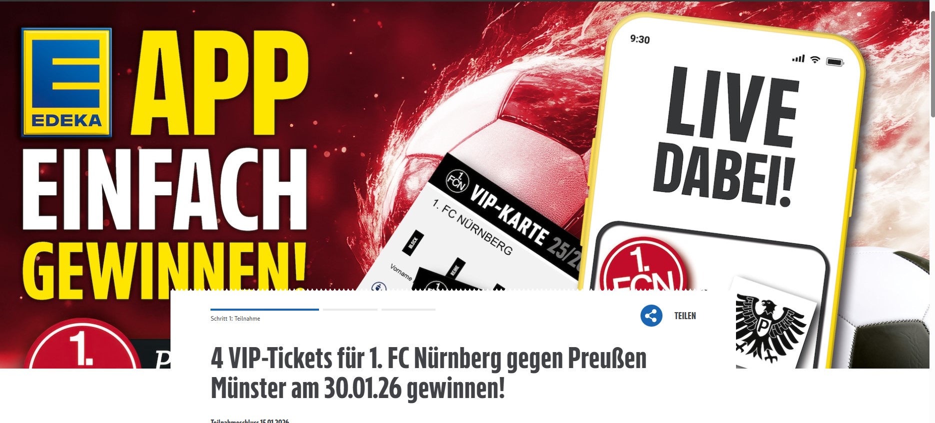 Edeka - 3x4 VIP Karten und 3x2 Parkscheine für das Heimspiel vom FCN gegen Preußen Münster am 30.01.2026