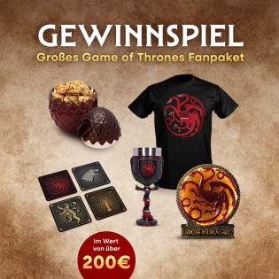 ELBENWALD - Game of Thrones-Merch im Wert von über 200€ aus Lampe, Kelch und Shirt des Hauses Targaryen, einer Drachenei-Keksdose sowie einem Untersetzer-Set