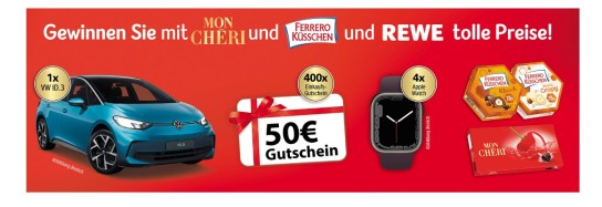 Ferrero - 1x1 VW ID.3 und 400x1 50 € Einkaufsgutschein und 4x1 Apple Watch