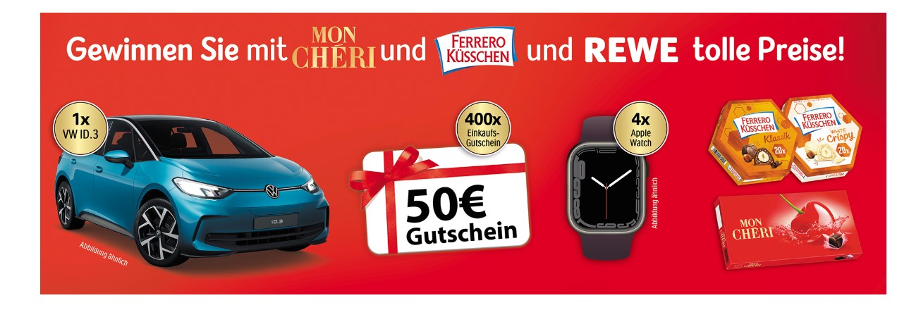 Ferrero - 1x1 VW ID.3 und 400x1 50 € Einkaufsgutschein und 4x1 Apple Watch