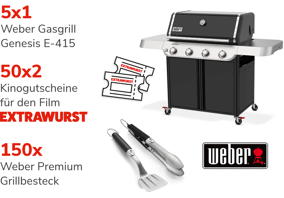 Franz Wiltmann - 5x 1 Weber Gasgrill Genesis E-415, 50x 2 Kinoticket-Gutscheine für den Film EXTRAWURST, 150x 1 Weber Premium Grillbesteck kompakt