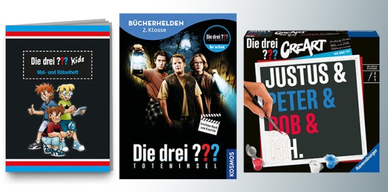 Häfft - ein Gewinnpaket, bestehend aus einem Die drei ??? Erstlese-Buch zum Film 2. Klasse Toteninsel von KOSMOS Verlag, einem Die drei ??? Kids Mal- und Rätselheft von DH Konzept und einem CreArt Adults Trend - Die drei ??? von Ravensburger