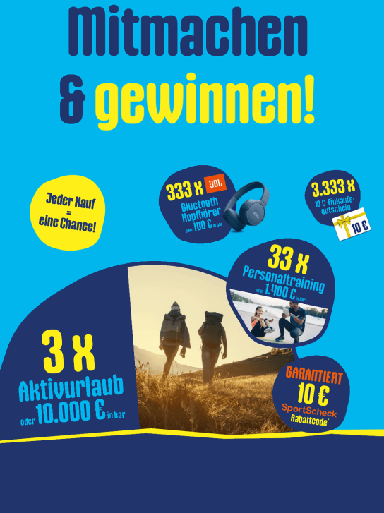 Kölln - 3 x Aktivurlaub, 33 x Personaltraining, 333 x JBL Bluetooth Kopfhörer,3.333 x Einkaufsgutschein im Wert von 10 €
