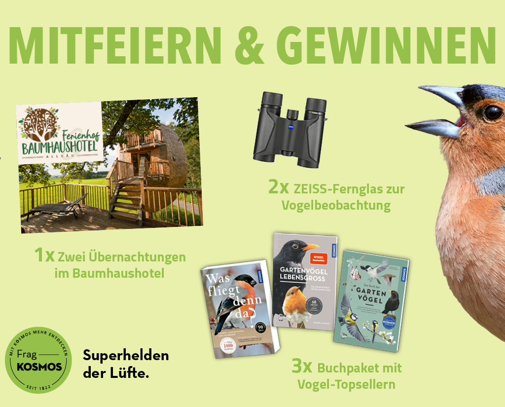 KOSMOS - 1× 2 Übernachtungen im Baumhaushotel, 2x ZEISS Fernglas (Modell: Terra ED Pocket 8x25),3x ein Buch-Paket Für mehr Wissen, bessere Bestimmung und neue Entdeckungen der Vogelwelt