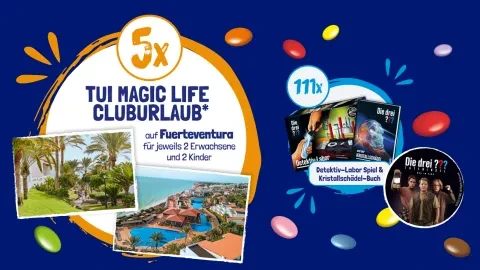 Nestle - 5 x Gutschein für ein 7-tägigen All-Inclusive-Familien Cluburlaub im TUI MAGIC LIFE Fuerteventura für 2 Erwachsene und 2 Kinder, 111 x Detektivpakete: Die 3 ???