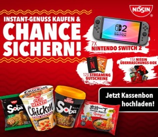 Nissin - 7x Nintendo Switch 2. 6x Streaming Gutscheine von Netflix. 6x Streaming Gutscheine von Crunchyroll.15x Nissin Überraschungs-Box im Wert von 50 €