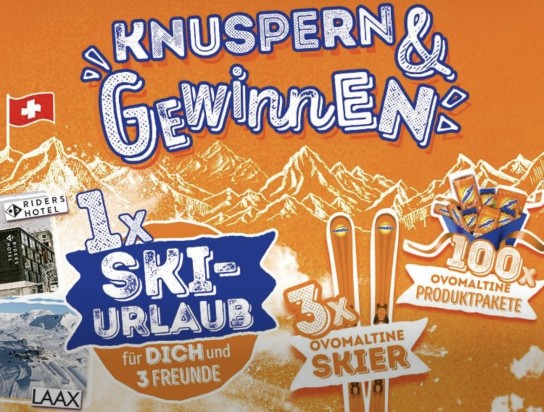 ovomaltine - 5 unvergessliche Wintertage im Freestyle-, Greenstyle- und Lifestyle-Resort LAAX inklusive Übernachtung im einzigartigen Riders Hotel.ein Paar Overmaltive Skier, ein von 100 Produktpaketen
