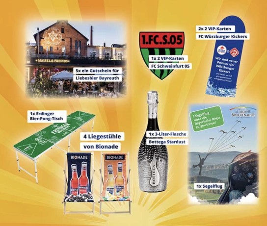 SAGASSER - 1 Segelflug über die Rhön– 1×2 VIP-Karten FC Schweinfurt 05– 2×2 VIP-Karten FC Würzburger Kickers– 1x Erdinger Bier-Pong-Tisch– xx Liegestühle von Bionade– 1×3 Liter Flasche Bottega Stardust– 5×1 Gutschein für Liebesbier Bayreuth