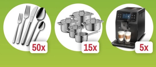 Vileda - 5 x WMF Perfection 740 Kaffeevollautomat, 15 x WMF Topfset Comfort Line (5-teilig) 50 x WMF Besteck-Set Kult Plus (30-teilig) sofort 30 %-Rabatt-Code auf ausgewählte WMF-Artikel
