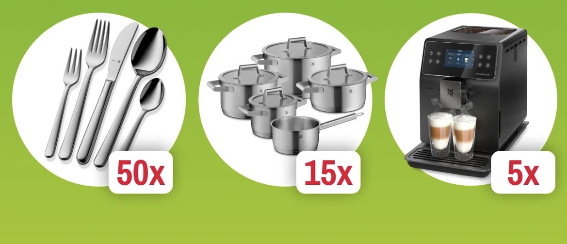 Vileda - 5 x WMF Perfection 740 Kaffeevollautomat, 15 x WMF Topfset Comfort Line (5-teilig) 50 x WMF Besteck-Set Kult Plus (30-teilig) sofort 30 %-Rabatt-Code auf ausgewählte WMF-Artikel