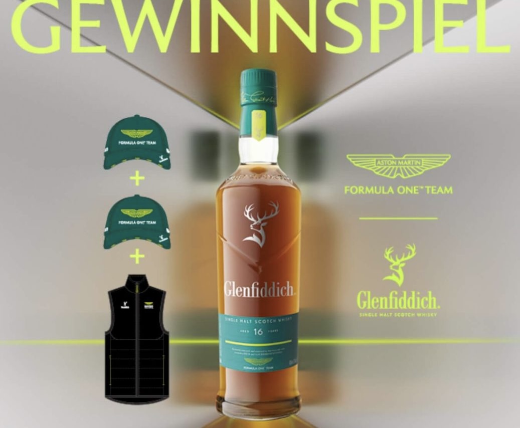 alleswhisky - 1 Flasche Glenfiddich 16 Jahre Aston Martin Formula One Whisky 0,7L1 Original Aston Martin F1-Jacke Grösse XL2 Original Aston Martin Schildkappen mit Logo