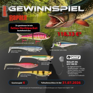 AngelSpezi - Hechtpaket Harken und Blinker: – S.Shadow Rap Glide 11 PH PNKP – Super Shad Rap SSR14 RSML – Soft Peto SFPT16 RTL – Soft Peto Prerig SFPTP16 PEL – Bullet JIG 6/0 14G X3