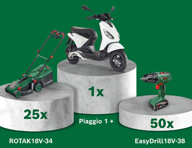 Bosch Power Tools - DIY Gewinnspiel 2026: 1 × Piaggio 1+, 25 × 1 Bosch ROTAK 18V-34, 50 × 1 Bosch EasyDrill 18V-38
