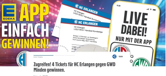 Edeka - 2x4 VIP Karten inkl. 2x2 Parkscheine und 32x4 Familien Karten für das Heimspiel HC Erlangen gegen GWD Minden am 08.03.2026