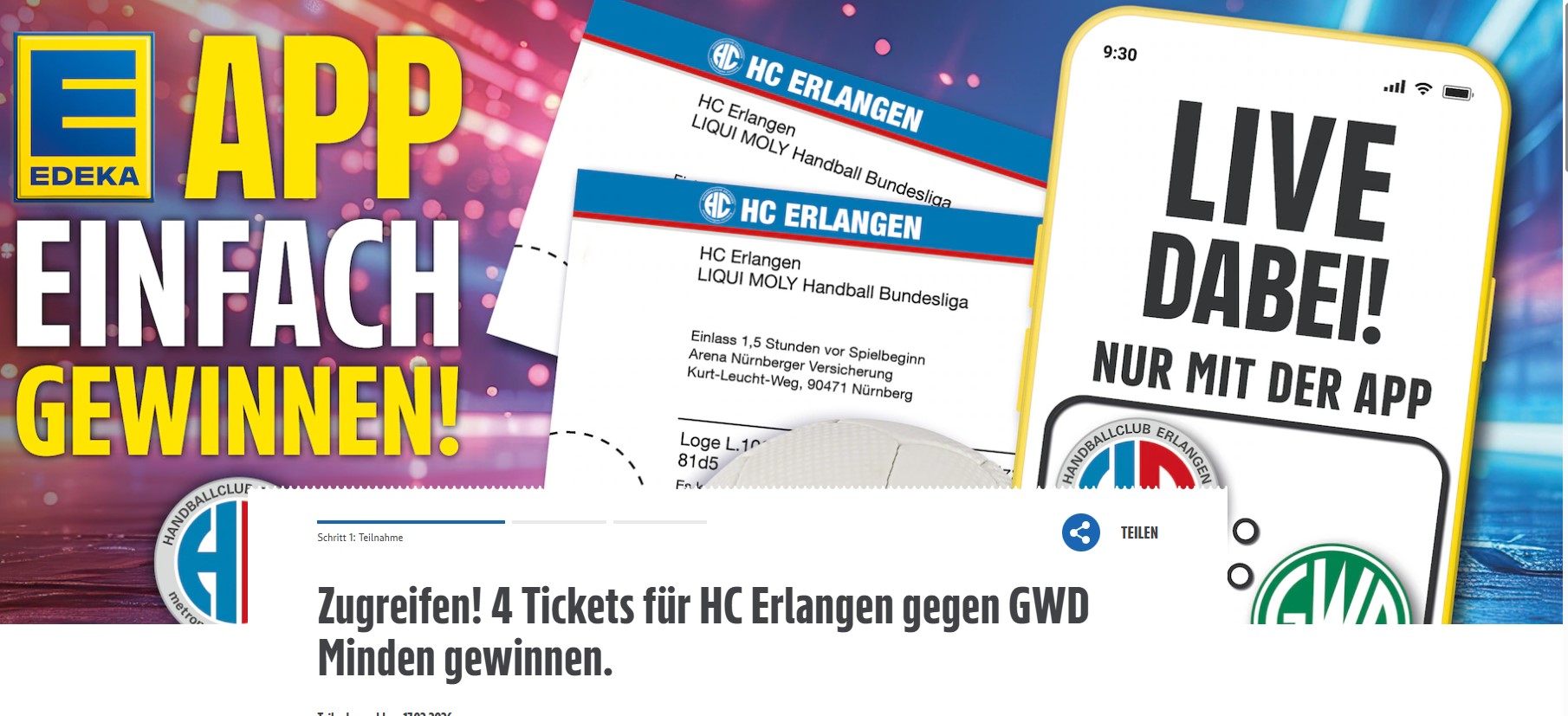Edeka - 2x4 VIP Karten inkl. 2x2 Parkscheine und 32x4 Familien Karten für das Heimspiel HC Erlangen gegen GWD Minden am 08.03.2026