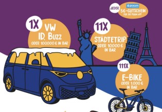 Eduscho - 1x VW ID Buzz im Wert von 100.000 € oder Barauszahlung, 11x Städtetrip im Wert von je 10.000 € oder Barauszahlung,111x E-Bike im Wert von je 1.000 € oder Barauszahlung