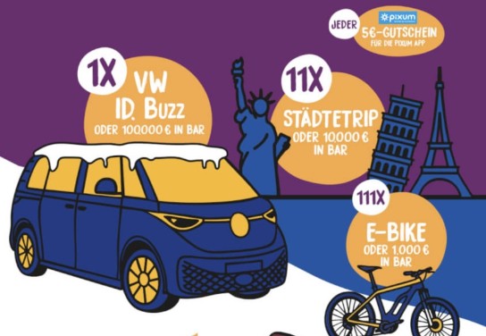 Eduscho - 1x VW ID Buzz im Wert von 100.000 € oder Barauszahlung, 11x Städtetrip im Wert von je 10.000 € oder Barauszahlung,111x E-Bike im Wert von je 1.000 € oder Barauszahlung