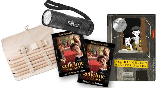 halloFamilie - drei Fanpakete „ Das geheime Stockwerk“ jeweils bestehend aus  zwei Kinokarten Taschenlampe Stifteset und dem thematisch passendem Buch „Als die gelben Blätter fielen“