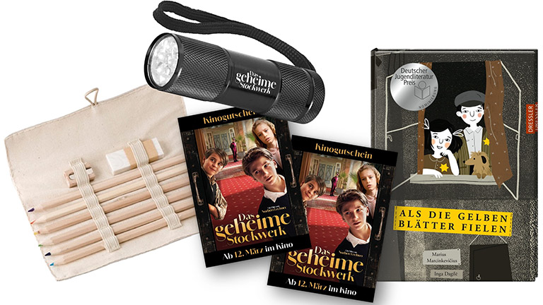 halloFamilie - drei Fanpakete „ Das geheime Stockwerk“ jeweils bestehend aus  zwei Kinokarten Taschenlampe Stifteset und dem thematisch passendem Buch „Als die gelben Blätter fielen“