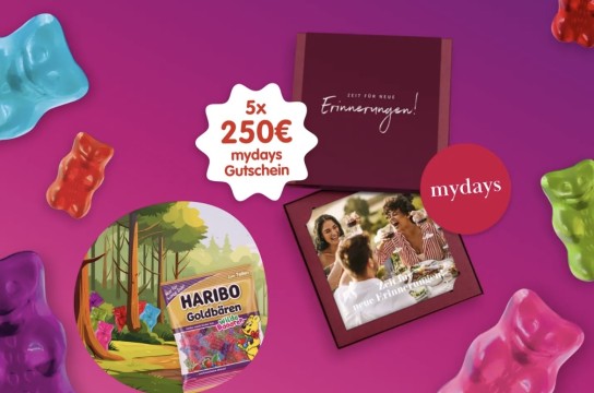 Haribo - fünf  Gewinnpakete mit jeweils einem  mydays Gutschein im Wert von 250€ und fünf (5) Beuteln HARIBO Goldbären