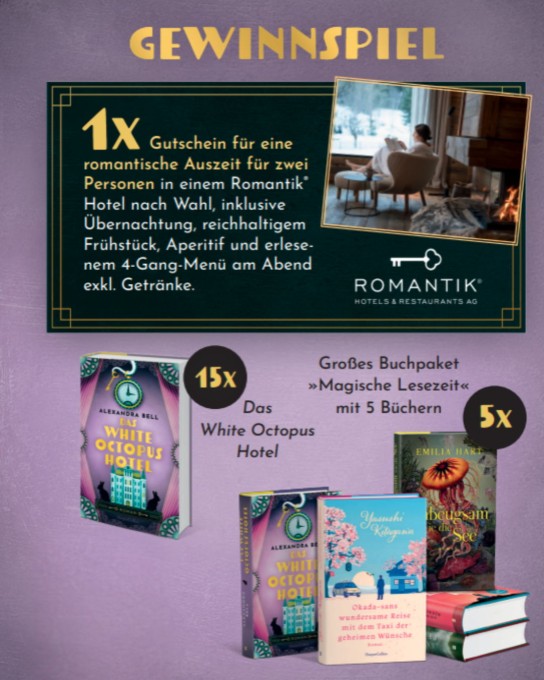 HarperCollins - 1x Gutschein Romantik Hotel nach Wahl 2 Personen , 5x großes Buchpaket magische Lesezeit,15x Buch White Octopus Hotel