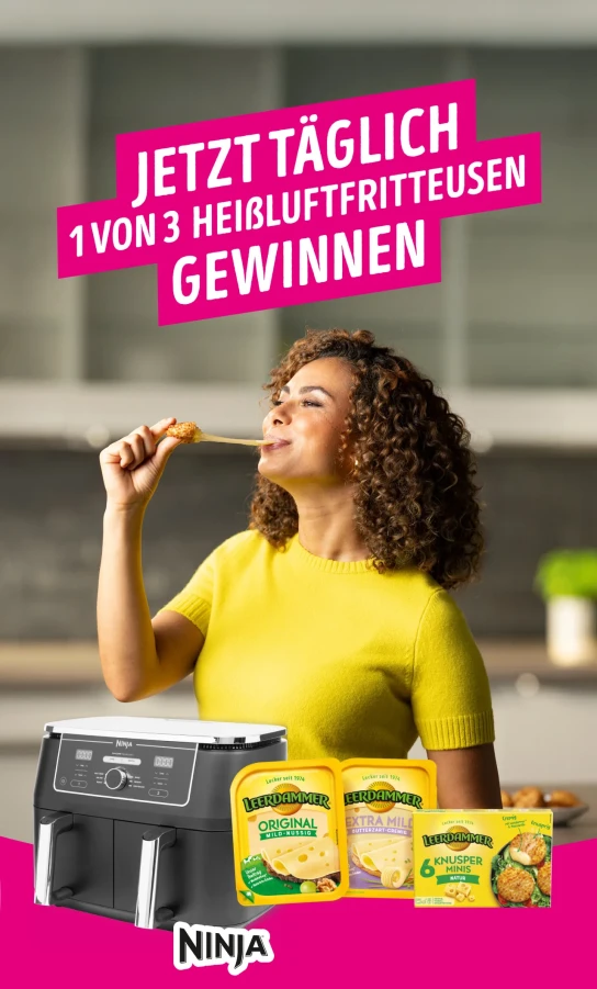 Leerdammer - täglich 3 Ninja Foodi MAX Dual Zone Heißluftfritteusen AF400EU