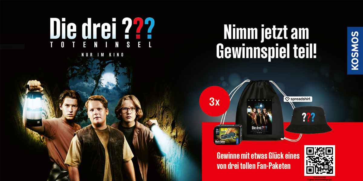 ROFU - 1 von 3 Die drei ??? Fanpaketen, bestehend aus:einem Die drei ???-Beuteleinem Die drei ???-Hutdem Die drei ???-Multi-Spion Spielset