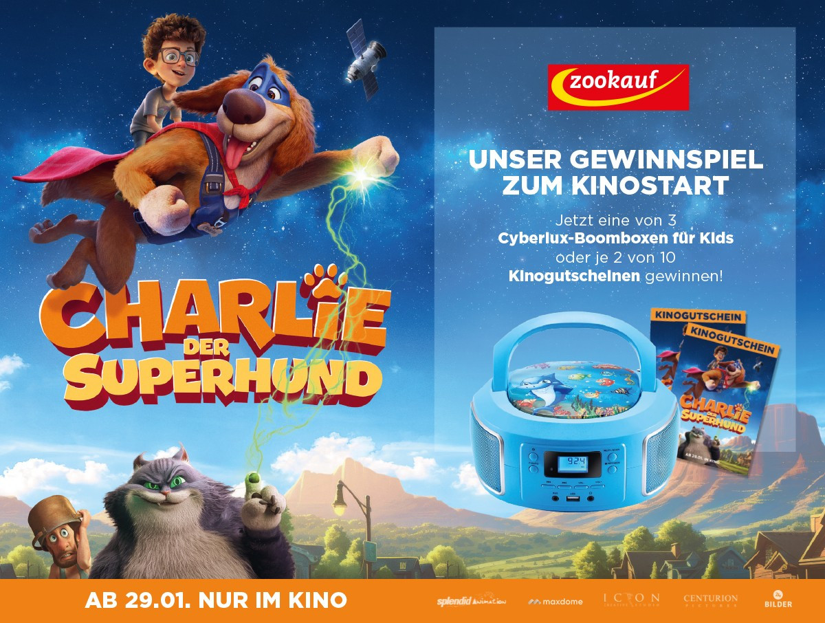 zookauf - 3 x Cyberlux Boombox für Kids, 5 x 2 Kinogutscheine für den Film "Charlie der Superhund"