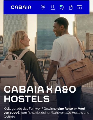 Cabaia - Cabaia Gutschein 300€ oder a&o Gutschein für 4 Nächte für 2 Personen