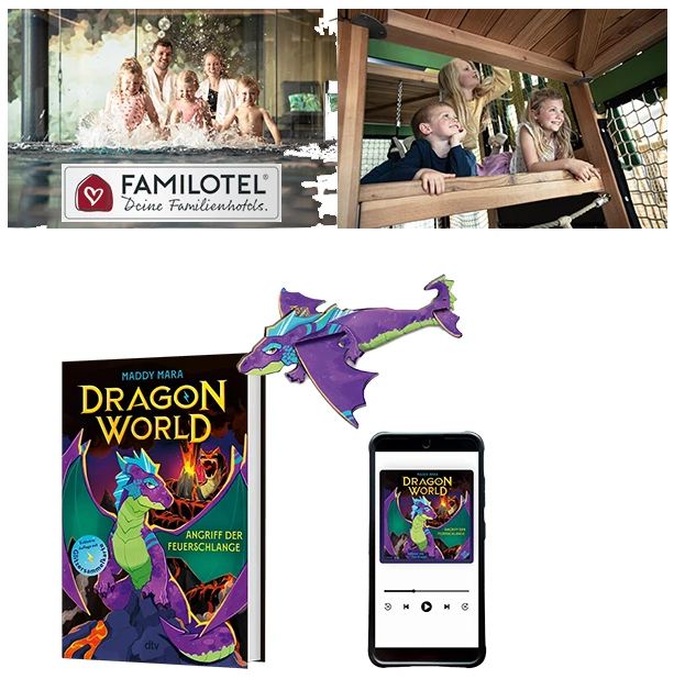 dtv - 1 x 3 Übernachtungen für eine Familie in einem Familotel nach Wahl | 5 x 1 Buch "Dragon World – Angriff der Feuerschlange" inkl. Bastelset | 5 x 1 digitales Hörbuch