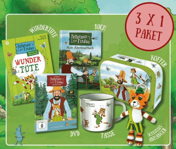 Edel Kids - 3 x 1 Paket von Pettersson und Findus (DVD, Tasse, Wundertüte, Koffer, Buch, Schlüsselanhänger)