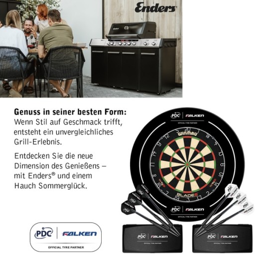 FALKEN - 5x ein UNIQ® PRO3 IK KITCHEN Cruster® Grill,4x ein Darts-Set in der Falken Reifen Edition