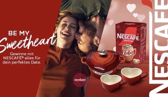 NESCAFÉ - 5 Le Creuset® Herzbräter mit Herzknopf aus Gusseisen, 5 mydays® Geschenkboxen für Paare, 10 NESCAFÉ® x KitKat® Produktpakete inkl. Le Creuset® Herzbecher mit Untertassen aus Steingut