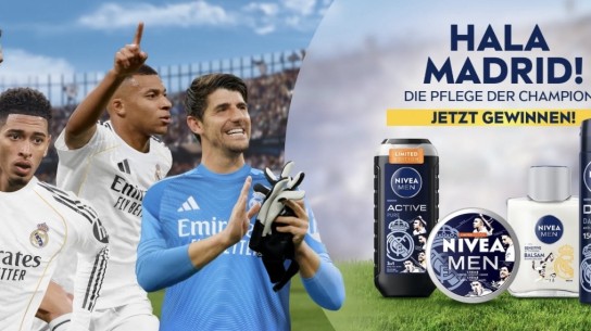 NIVEA - 1×2 VIP‑Tickets für ein Real‑Madrid‑Fußballspiel inkl. Flug und mind. 2 ÜN in Madrid (exakter Spieltermin im Zeitraum vom 22.-25.05.), 20 Real-Madrid-Fanpakete (Trikot und Hose), 30 NIVEA MEN Produktpakete