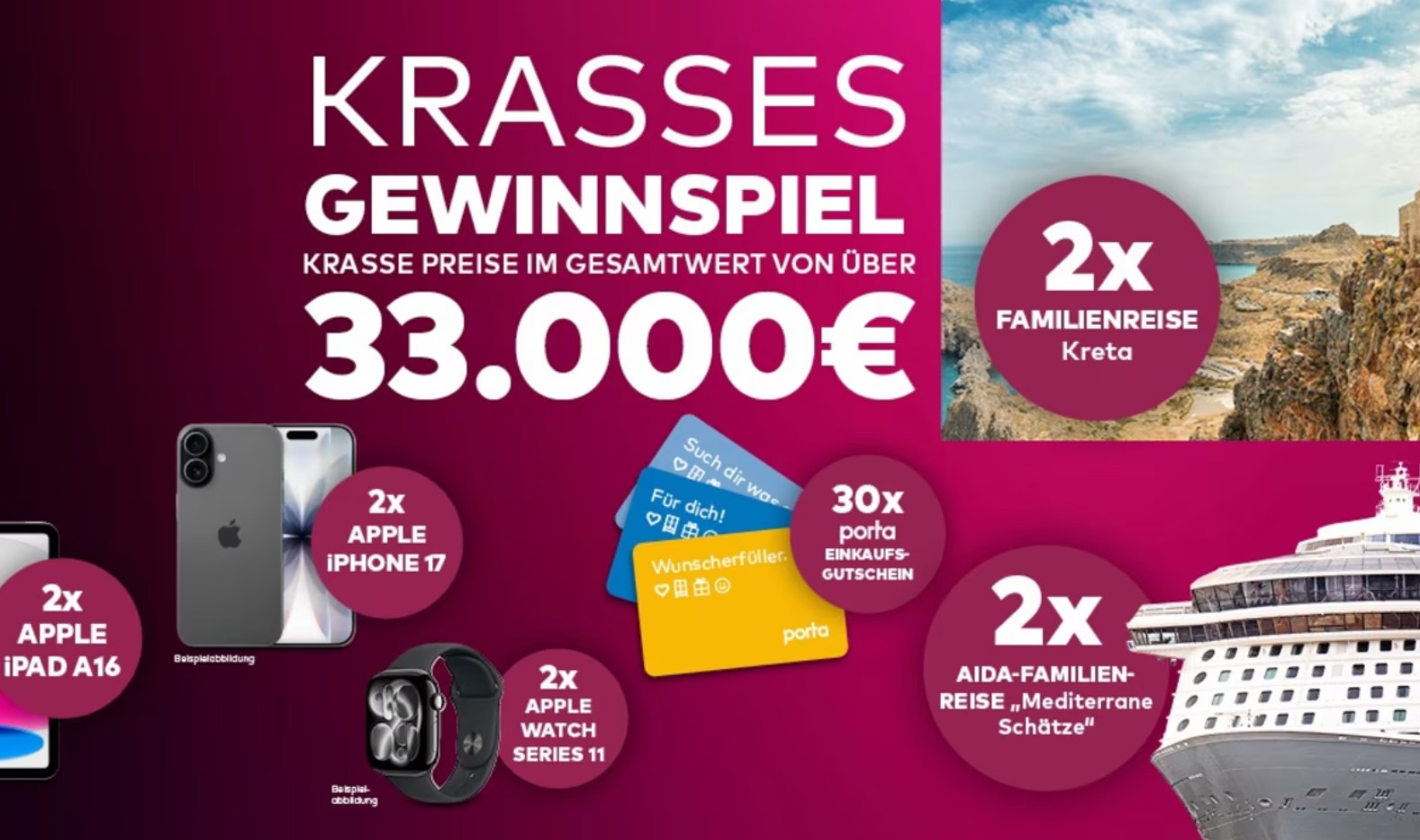Porta - "KRASSES GEWINNSPIEL": Reisen, iPads, iPhones, iWatches, Gutscheine im Gesamtwert von über 33.000 €