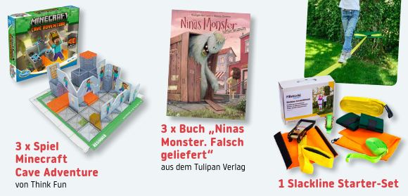 Sailer Verlag - 1 x 1 Slackline Starter-Set | 3 x 1 Spiel "Minecraft Cave Adventure" von Think Fun | 3 x 1 Buch "Ninas Monster. Falsch geliefert" von Rüdiger Bertram